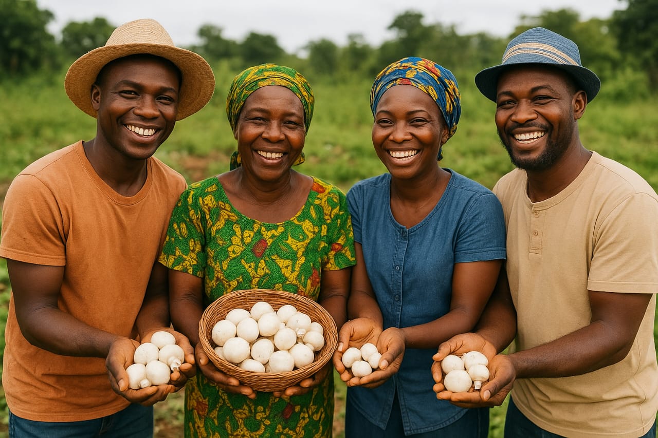 Farmers harvesting mushrooms