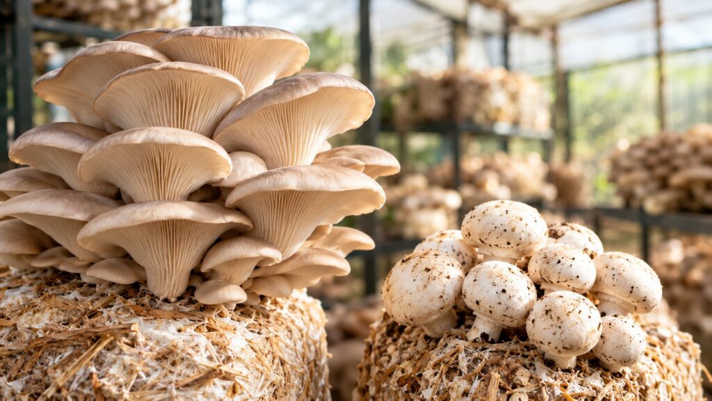 Oyster and button mushrooms growing on straw substrate in a grow house