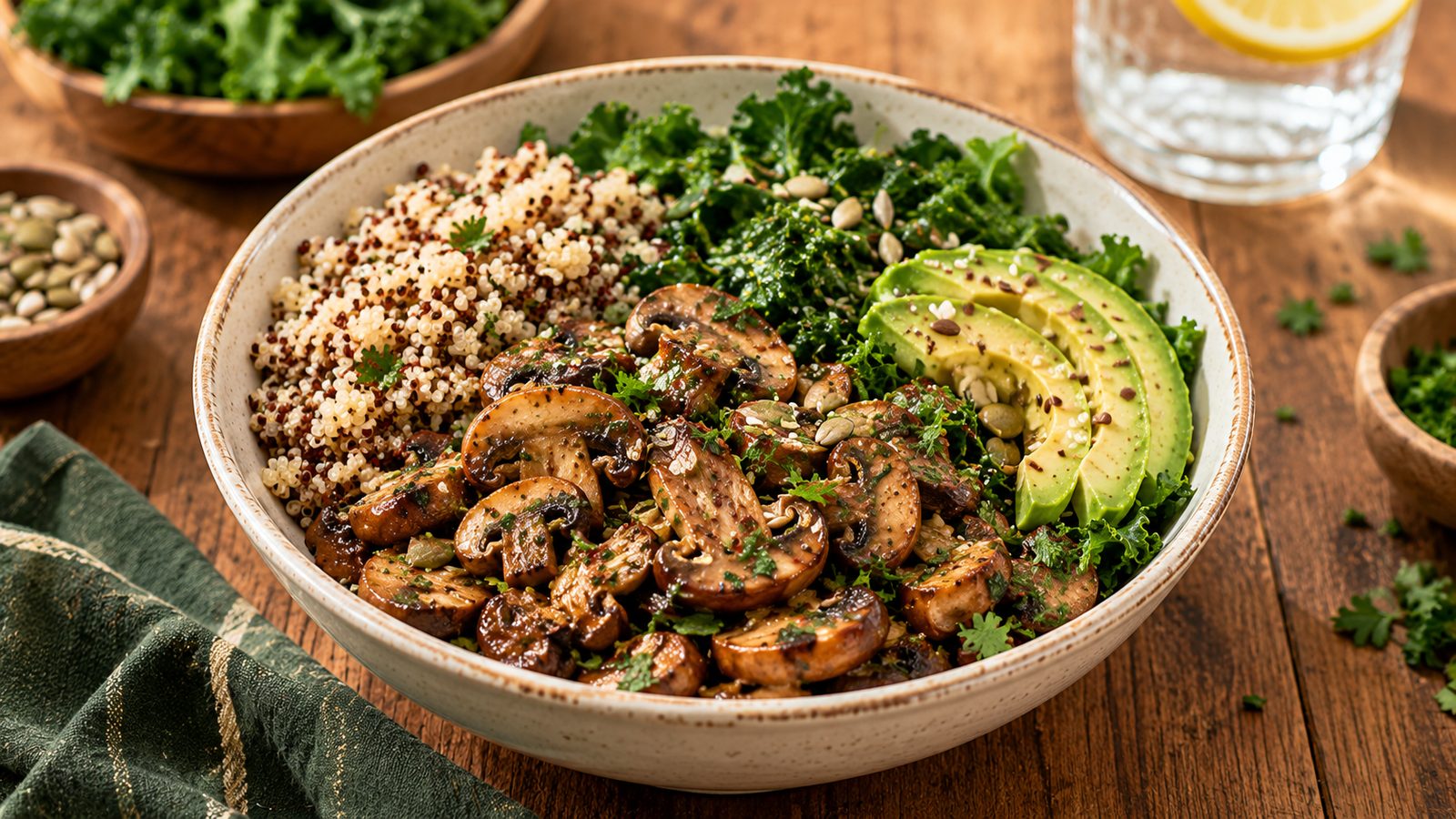 Healthy bowl of sautéed mushrooms with quinoa, kale and avocado