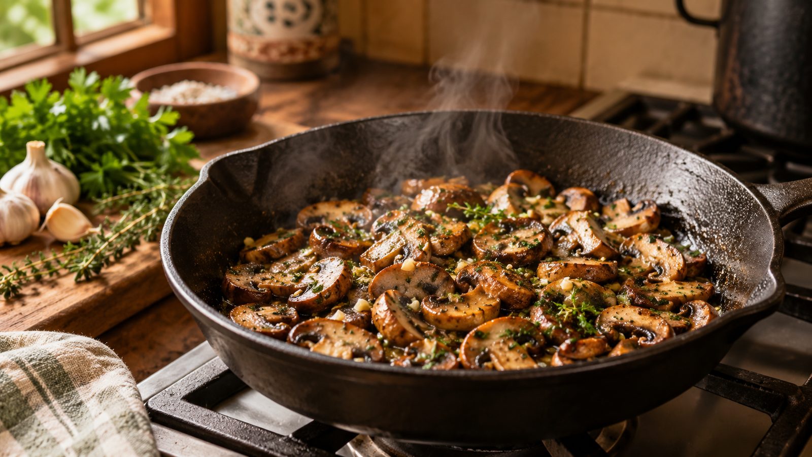 Garlic and herb mushrooms sizzling in a cast-iron pan
