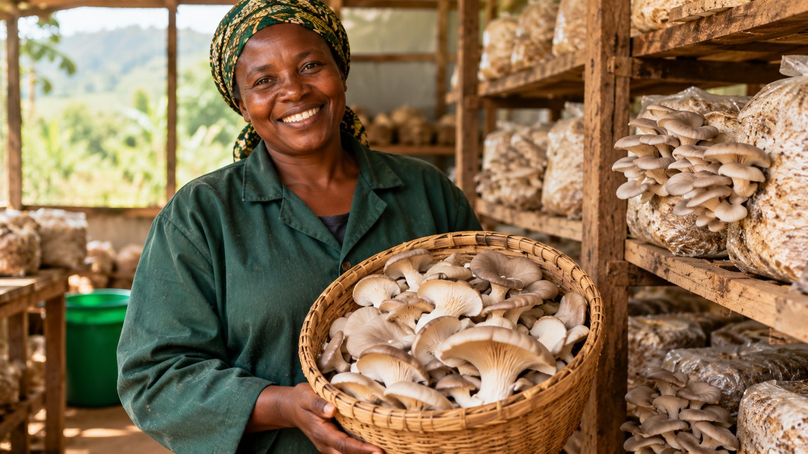 Smiling Kenyan farmer holding a basket of freshly harvested oyster mushrooms