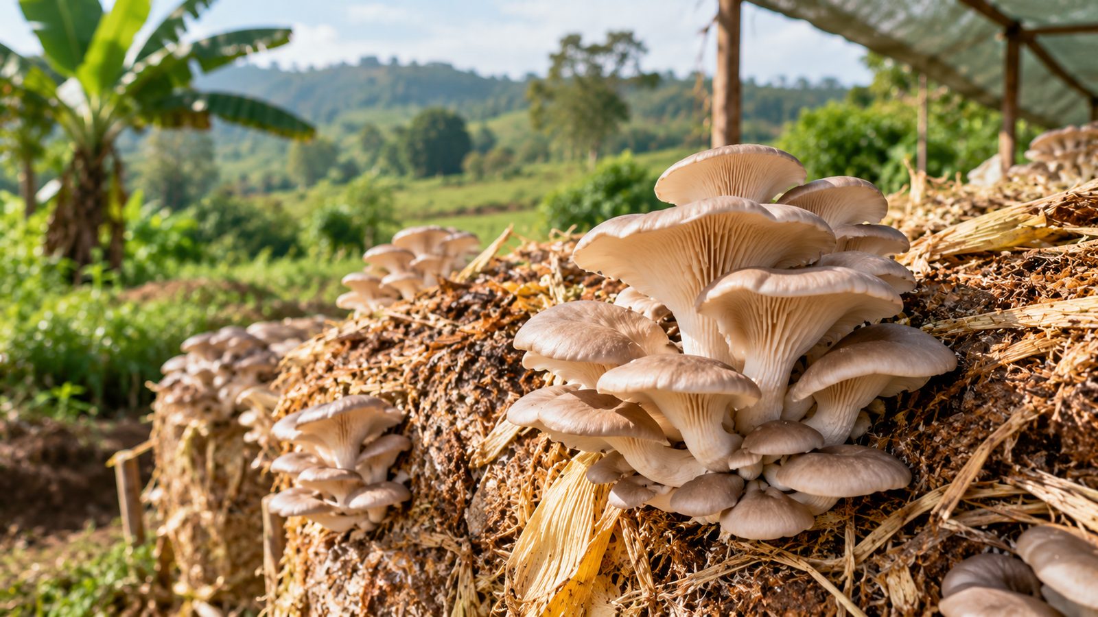 Oyster mushrooms growing on recycled agricultural waste with green hills behind