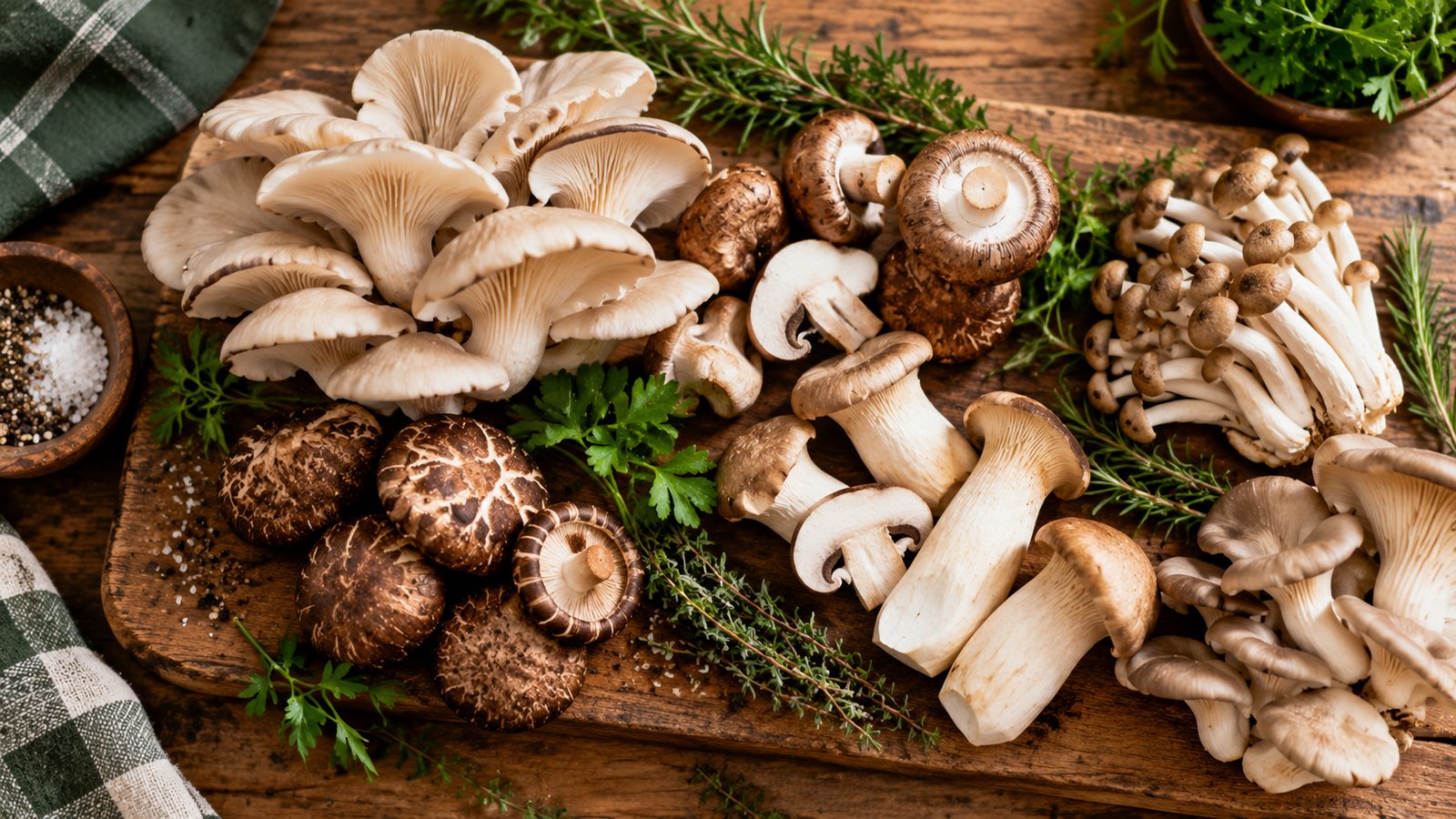 Assorted mushroom varieties with fresh herbs on a rustic wooden board